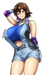 1girls belt big_breasts blue_clothing blush breasts brown_eyes brown_hair female female_only gloves hand_behind_head hand_on_hair huge_breasts kazama_asuka large_breasts legs namco short_hair short_pants smile sole_gem solo_female tekken white_background