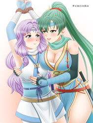 2girls amezuku armpits arms_up bare_legs bare_thighs blue_eyes blush bondage cleavage female_only fire_emblem fire_emblem:_the_blazing_blade fire_emblem_heroes florina_(fire_emblem) florina_(ninja)_(fire_emblem) green_eyes green_hair large_breasts lyn_(fire_emblem) lyn_(ninja)_(fire_emblem) multiple_girls ninja nintendo ponytail purple_hair small_breasts smile yuri