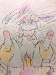 2018 3:4 3_toes ass bed black_nose blue_body blue_eyes blue_fur blush bodily_fluids bow_tie clitoris colored_pencil_(artwork) cum cum_in_pussy cum_inside cute_fangs duo eeveelution eiroru female female_focus female_penetrated feral first_person_view fur furniture genital_fluids genitals legs_up looking_at_viewer lying male male_penetrating male_penetrating_female nintendo on_back on_bed open_mouth pawpads penetration penis pink_body pink_fur pink_pawpads pokémon_(species) pokemon pokemon_(species) pussy ribbons sex snout straight surprise sylveon toes tongue traditional_media_(artwork) vaginal_penetration video_games white_body white_fur wide_eyed