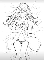 blush covering_breasts cute danganronpa danganronpa_v3 genderswap_(mtf) kokichi_ouma long_hair looking_at_viewer no_bra on_bed ouma_kokichi rule_63 solo_female straight_hair underboob underwear