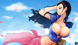 1girls abs absurd_res big_breasts black_hair breasts breasts_out busty cleavage clothed clothing female female_only fuji_fujiko fully_clothed green_eyes large_breasts long_hair nico_robin nude_jacket one_piece open_clothes open_jacket open_shirt pale-skinned_female pale_skin pose posing post-timeskip sarong skirt sky solo solo_female solo_focus sunglasses sunglasses_on_head voluptuous wide_hips