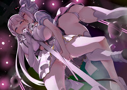 2girls ass azur_lane breasts dido_(azur_lane) dido_(muse)_(azur_lane) dress fingering illustrious_(azur_lane) illustrious_(muse)_(azur_lane) long_hair microphone monobe multiple_girls multitasking no_panties nopan panties pussy_juice spread_legs standing thighhighs yuri