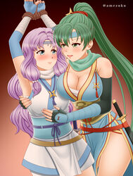 2girls amezuku armpits arms_up bare_legs bare_thighs blue_eyes blush bondage cleavage female_only fire_emblem fire_emblem:_the_blazing_blade fire_emblem_heroes florina_(fire_emblem) florina_(ninja)_(fire_emblem) green_eyes green_hair large_breasts lyn_(fire_emblem) lyn_(ninja)_(fire_emblem) ninja nintendo ponytail purple_hair small_breasts smile yuri