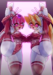 2girls big_breasts breast_to_breast breasts ciel_(mega_man) clothed clothed_female erect_nipples fairy_leviathan female female/female female_only fully_clothed happy heart-shaped_pupils long_hair looking_at_viewer mega_man mega_man_zero mind_control multiple_girls nipples_visible_through_clothing semikichi smile standing tagme v yuri