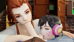 1boy 2girls 3d :>= academy_d.va alternate_costume asian asian_female ball_sucking big_balls big_penis black_hair blizzard_entertainment blowjob brigitte brown_eyes brown_hair collaborative_fellatio d.va erect_penis faceless_male fellatio female french_nails large_penis licking_testicles light-skinned_female light-skinned_male light_skin looking_at_partner looking_at_viewer male male_pov multiple_girls oral overwatch pale-skinned_male pale_skin penis pov straight sucking_testicles thehounde threesome yellow_eyes