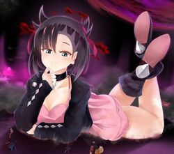 alice-magic black_hair boots colored dynamax dynamax_on_humans game_freak giantess gloria_(pokemon) green_eyes hand_to_own_mouth larger_female laying_on_stomach leather_jacket looking_down marnie_(pokemon) nintendo pink_dress pokemon pokemon_ss ribbons size_difference smug_face thighs twintails victor_(pokemon)