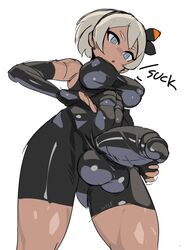 1futa abs balls bea_(pokemon) big_balls big_breasts blue_eyes clothed clothing clothing_skin dark_skin fully_clothed futa_only futanari gloves grey_hair hair_ribbon human impossible_clothes large_breasts leotard looking_down nintendo nisetanaqa penis pokemon pokemon_ss short_hair solo standing text thighs tight_clothing white_background