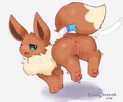 absurd_res anus ass beans eevee female feral fluffy fluffydasher genitals hi_res nintendo no_humans pokémon_(species) pokemon pussy solo tail_grab video_games