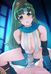 1boy 1girls blush censored covered_nipples covering faceless_male female fire_emblem fire_emblem:_the_blazing_blade fire_emblem_heroes green_eyes green_hair imminent_sex koshio koshiosaur large_breasts long_hair looking_at_viewer lyn_(fire_emblem) lyn_(ninja)_(fire_emblem) mostly_nude night ninja nintendo pelvic_curtain penis_grab ponytail smile solo_focus squatting