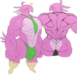 1boy ass_cleavage avian_humanoid back_view backsack bara big_ass big_butt bird blush buff bulge butt_crack cute front_view gay green_thong green_tie male male_only muscles muscular_anthro muscular_male pink_feathers pink_tail simple_eyes simple_face sssonic2 surprised thick_thighs