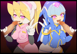 2boys 2girls big_breasts ciel_(mega_man) fairy_leviathan licking_penis medium_breasts mega_man mega_man_zero mind_control nipples_visible_through_clothing peace_sign semikichi straight tagme