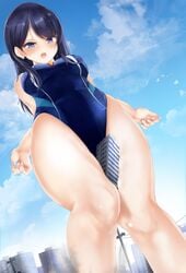 alice-magic blush building_destruction city color destruction giantess looking_down low-angle_view school_swimsuit sky ssss.gridman takarada_rikka thick_thighs thigh_crush thigh_squish