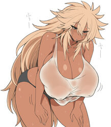 1girls black_eyes black_panties black_underwear blonde_hair blush breasts cleavage curvy dragonstorm gyaru huge_breasts inverted_nipples kuro_gyaru kurokagami_ryuuko large_nipples long_hair nipples open_mouth original otogi_tetsurou panties see-through shirt sweat tan_skin tank_top tanned thighs underwear venus_body very_long_hair wet wet_clothes white_shirt white_tank_top