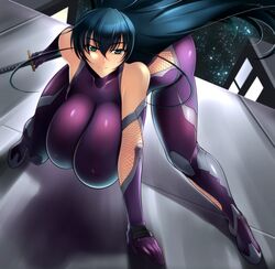 black_hair curvy female female_warrior green_eyes haganef huge_breasts igawa_asagi katana kunoichi leotard long_hair looking_at_viewer ninja outdoor taimanin_(series) taimanin_asagi thick_thighs tight_clothes