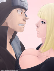 angry artist_request before_sex big_breasts big_nose black_hair blonde_hair cleavage clothing collarbone ginkaku male naruto naruto_shippuden samui smile teeth