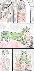 9:18.5 absurd_res amilius anal bed cape clothing comic dragon duo feral feral_on_top furniture green_body green_scales grey_hair hair hi_res human human_on_feral interspecies lying male male/male mammal penetration scales zoophilia