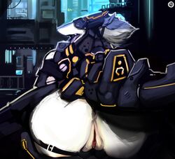 anthro ass big_butt building cybernetics cyborg dirtyscoundrel female fur gear_(dirtyscoundrel) genitals hair machine pussy rear_view science_fiction sergal slightly_chubby solo straps tongue tongue_out visor white_body white_fur