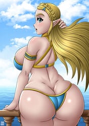 1girls ass big_ass bikini blonde blonde_hair braided_hair breath_of_the_wild curvy female female_only green_eyes huge_ass huge_breasts huge_butt long_hair looking_back nintendo outdoor pointy_ears princess_zelda sea sideboob solo solo_female takilmar the_legend_of_zelda the_legend_of_zelda:_breath_of_the_wild thick_thighs zelda_(breath_of_the_wild)