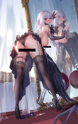 1girls against_mirror artist_name ass azur_lane backless_outfit bangs bar_censor bare_shoulders bent_over black_dress black_footwear black_gloves black_legwear black_panties black_ribbon blush breasts censored cleavage cum cum_on_face dildo dress elbow_gloves erect_nipples from_behind garter_straps gloves hair_ribbon hanging_breasts heart heart-shaped_pupils high_heels highres illustrious_(azur_lane) indoors lace lace-trimmed_legwear lace-trimmed_panties lace_trim large_breasts long_hair looking_at_viewer looking_back mirror one_breast_out open_mouth panties panties_aside partially_visible_vulva purple_eyes pussy_juice reflection ribbon sex_toy signature smile solo standing swd3e2 sweat thighhighs thighs tress_ribbon underwear white_hair