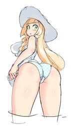 1girls alternate_body_type alternate_breast_size ass big_ass big_breasts blonde_hair blush breasts dress elbow female green_eyes hat human large_breasts light-skinned_female light_skin lillie_(pokemon) long_hair long_legs looking_back nintendo nisetanaqa panties pokemon pokemon_sm polka_dot_panties solo standing straight_hair sun_hat thick_thighs thighs underwear white_hat white_panties white_underwear yellow_hair