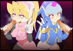 2boys 2girls big_breasts blowjob ciel_(mega_man) fairy_leviathan fellatio medium_breasts mega_man mega_man_zero mind_control nipples_visible_through_clothing peace_sign semikichi straight tagme