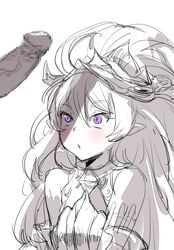 bare_shoulders big_hair blush bow_(bhp) female granblue_fantasy hair_between_eyes long_hair medusa_(shingeki_no_bahamut) parted_lips penis penis_awe penis_shadow pointy_ears purple_eyes simple_background solo_focus spot_color upper_body white_background