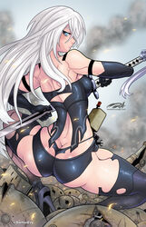 ass ass_cleavage ass_crack blue_eyes butt_crack clothed darkereve female heels nier nier:_automata nier_(series) squatting tagme thighhighs white_hair yorha_a2