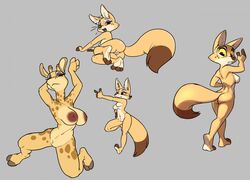 2017 anthro ass breasts canid canine cloven_hooves duo farah_(siroc) female fennec fox front_view genitals gesture giraffe giraffid grey_background hooves kiravi_nzambe looking_at_viewer looking_down mammal multiple_images nipples pointing presenting presenting_pussy pussy rear_view simple_background siroc spots standing