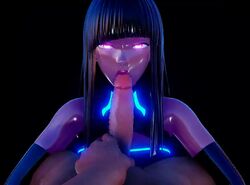 1boy 1girls 3d :>= android animated artificial_intelligence asian black_background black_hair blowjob censored fellatio female fringe glowing_eyes harimau_mmd2 long_hair looking_at_viewer male_pov mmd no_sound oral original penis pov purple_eyes robot_girl video