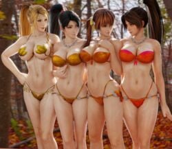 3d 4girls abs adeptusinfinitus asian asian_female bedroom_eyes bikini black_hair blender blonde_hair breasts brown_hair cleavage clothed crossover dancer dead_or_alive fatal_fury forest hi_res kasumi_(doa) king_of_fighters large_breasts mai_shiranui micro_bikini midriff momiji_(ninja_gaiden) necklace outdoors ponytail posing red_hair sarah_bryant smile snk standing take_your_pick tecmo thighs thong thong_bikini underboob