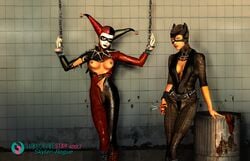 2girls 3d artist_upload batman_(series) bondage breasts catwoman chains cuffs cut_clothes dc dc_comics exposed_breasts female female_only femdom femsub fetish harley_quinn harley_quinn_(classic) lezdom lipstick multiple_girls nipples self_upload skyler-rogue subscribestar_username wrist_cuffs yuri