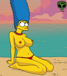 beach big_breasts braless enjoying fjm holidays kneeling marge_simpson naked nude solo string string_bikini the_simpsons thinking