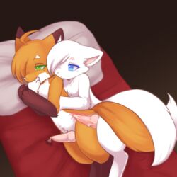 1:1 anthro arctic_fox bed blue_eyes bodily_fluids canid canine cum cum_inside cum_leaking duo fox fox_(minecraft) furniture genital_fluids green_eyes half-closed_eyes hand_in_mouth knot luxx male male/male mammal narrowed_eyes orange_body spooning white_body wholesome