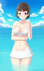 belly belly_button blush breasts brown_hair curvy cute female kainkout looking_at_viewer makoto_niijima ocean persona persona_5 red_eyes short_hair shy skirt swimsuit teenager thick thick_thighs thin thin_waist