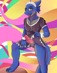 anthro bottomwear clothed clothing clothing_lift dengus-pengus erection genitals hi_res looking_at_viewer maid_uniform male male_only penis psychedelic scalie shy skirt skirt_lift solo teasing tongue uniform