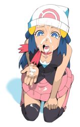 1girls after_sex blue_eyes blue_hair boots cum cum_in_mouth cum_on_clothes cum_on_face cum_on_hand dawn_(pokemon) female long_hair nintendo pokemon pokemon_dppt semen skirt solo stockings tongue_out woogleboy