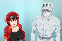 big_breasts cells_at_work edit hataraku_saibou huge_breasts jiim_01 red_blood_cell_(hataraku_saibou) red_hair white_blood_cell_(hataraku_saibou) white_hair white_skin yellow_eyes