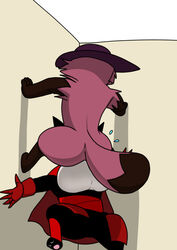 anthro ass balls big_balls black_body black_fur canid canine cape cartoon_network cicada_block clothing digitigrade domestic_cat duo fan_character felid feline felis fur genitals hat headgear headwear hi_res male male/male mammal mao_mao:_heroes_of_pure_heart meme raccoon_dog red_clothing sheriff_mao_mao_mao tanuki tony_keys trashbadger