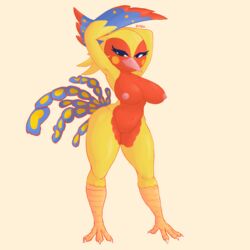 2021 animal_crossing anthro armpits arms_up big_breasts bird bird_feet feathers furry gammainks nintendo nipples phoebe_(animal_crossing) tail