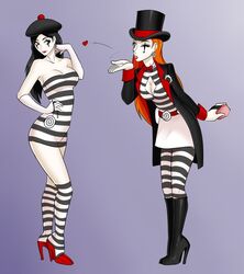 batman_(series) black_hair boots bottomless breasts cleavage dc dc_comics dress gloves happy_trance hat heart high_heels knee-high_boots lipstick long_hair makeup mime mimestress_(sumdudehere) mind_control oo_sebastian_oo original pendulum red_hair sam_simpson smile spiral top_hat totally_spies waist_belt western