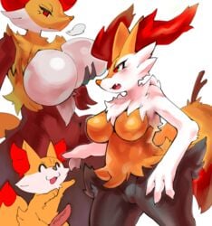 2020 anthro big_breasts blush braixen breasts closed_eyes cute_fangs delphox female fennekin feral genitals group japanese_text male nintendo omikuro open_mouth penis pokémon_(species) pokemon pokemon_(species) text translation_request video_games