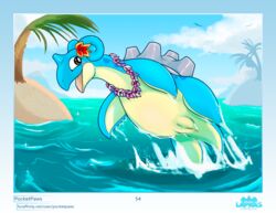 2020 absurd_res beach blue_body digital_media_(artwork) female feral fin flower furaffinity_username genitals hi_res horn jumping lapras lapras_paradise nintendo outside page_54 plant pocketpaws pokémon_(species) pokemon presenting presenting_pussy pussy sand sea seaside shell smile solo video_games water