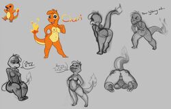 2016 anthro anus ass bedroom_eyes breasts charmander dialogue english_text female front_view grey_background hands_on_hips happy multiple_images narrowed_eyes nintendo nipples non-mammal_breasts nude orange_body pokémon_(species) pokemon presenting presenting_anus presenting_hindquarters rear_view sad scalie seductive simple_background siroc sitting sketch solo spread_butt spreading standing text video_games