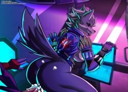 absurd_res anthro artofthediscipline ass big_breasts big_butt bodily_fluids breasts canid canine canis clothing cockpit cum cum_in_pussy cum_inside female genital_fluids hi_res jacket male mammal nintendo rule_63 star_fox straight text topwear url video_games wolf wolf_o'donnell