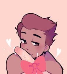 2018 2boys blush bow bow_on_penis brown_eyes brown_hair cum_on_face dark_skin darren_(skaroy) eyes_half_open garrett_(skaroy) gay heart leaking_precum male male/male male_only original penis penis_kiss pink_background pov precum skaroy wholesome