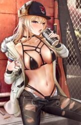 black_bikini blonde_hair blue_eyes collar cross_earrings eastern_european energy_drink female girls'_frontline mosin-nagant_(girls'_frontline) national_personification russia russian russian_flag slavic tagme tongue_out turisasu v white_jacket