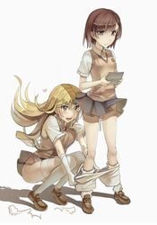 blonde_hair brown_hair brown_loafers cum_drip cum_in_pussy dripping dripping_cum dripping_pussy edit female female_pervert hair kneehighs loafers loose_socks misaka_mikoto no_panties pantsed pleated_skirt school_uniform schoolgirl shokuhou_misaki shorts shorts_pull skirt socks stockings teenage_girl teenager thigh_socks thighhighs to_aru_kagaku_no_railgun to_aru_majutsu_no_index tokiwadai_school_uniform walzrj white_background white_socks young