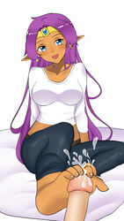 1girls barefoot belt blue_eyes breasts brown_skin casual cum cumshot dark-skinned_female dark_skin denim earrings ejaculation feet foot_focus footjob hair_down highres jeans jewelry long_hair looking_at_viewer midriff nuremy01 open_mouth pants penis pointy_ears pov purple_hair shantae shantae_(character) shirt sitting smile smooth_skin soles tan_skin tiara toes unseen_male_face white_background white_shirt