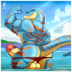 aaron_(artist) anthro ass balls big_balls big_butt big_penis blue_body clothed clothing diesel_(ralarare) dinosaur erection flexing genitals hi_res humanoid_genitalia humanoid_penis looking_at_viewer male multicolored_body muscular muscular_anthro muscular_male penis red_stripes reptile scalie solo stripes two_tone_body underwear underwear_only water yellow_body