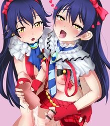 1futa 1girls after_masturbation after_orgasm areolae artificial_vagina blue_hair breasts ckockoctai clothed clothing cum cum_leaking duo female flaccid fleshlight futa_sans_balls futa_with_female futanari human long_hair love_live! love_live!_school_idol_project masturbation onahole pale_skin partially_clothed penetrable_sex_toy penile_masturbation penis pussy_juice selfcest sonoda_umi